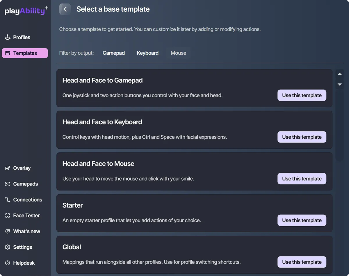 PlayAbility templates selection interface showing various customizable templates
