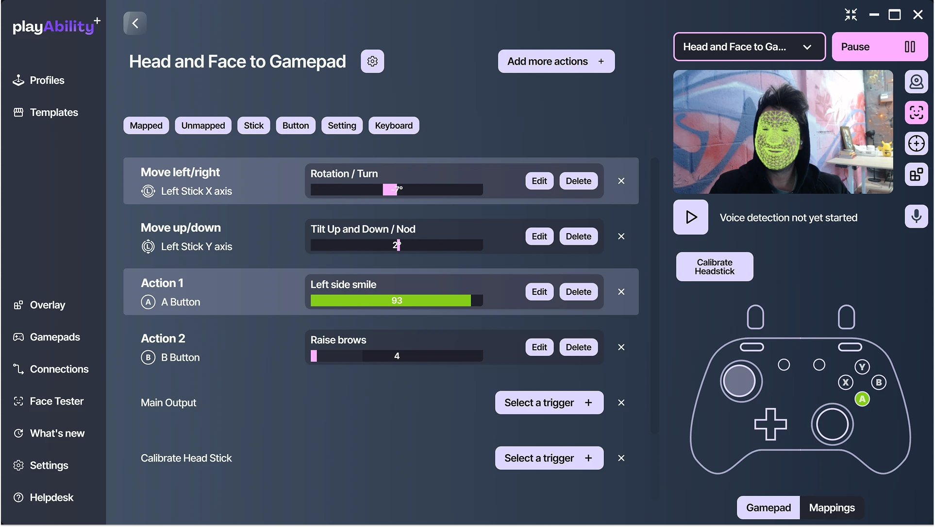 PlayAbility interface mapping head movement and facial gestures to a virtual gamepad